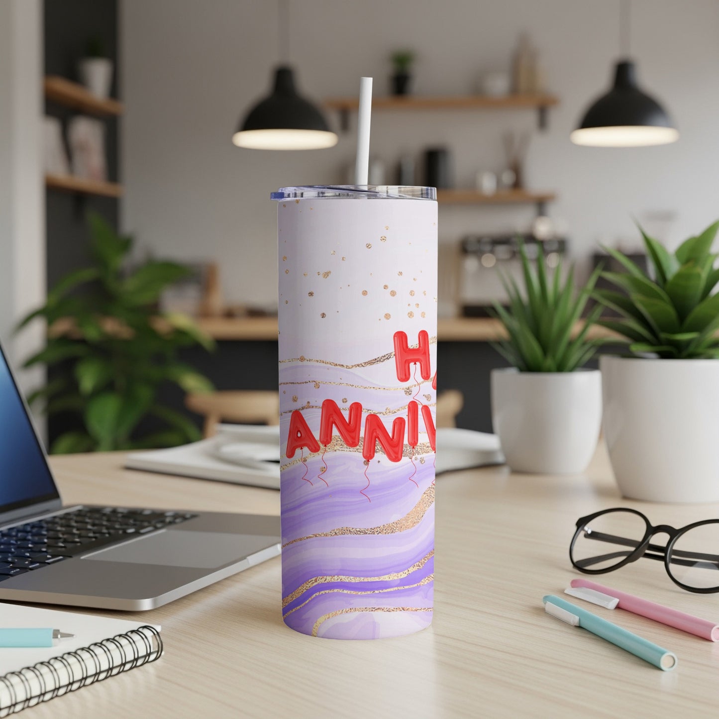 Tall tumbler with "Happy Anniversary" text and gold accents.