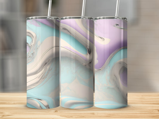 Three pastel marble-patterned tumblers with straws displayed on a wooden surface.