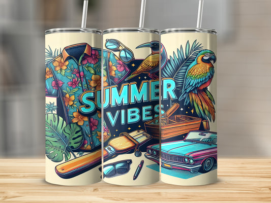 Three tumblers with tropical designs, sunglasses, and "Summer Vibes" text.