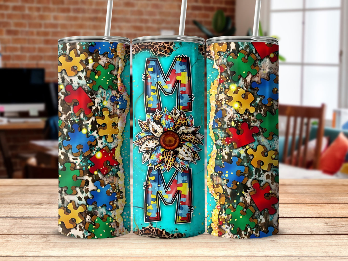 Colorful Puzzle Pieces MOM Design Tumbler