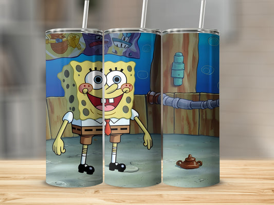 SpongeBob SquarePants standing in front of pineapple house.