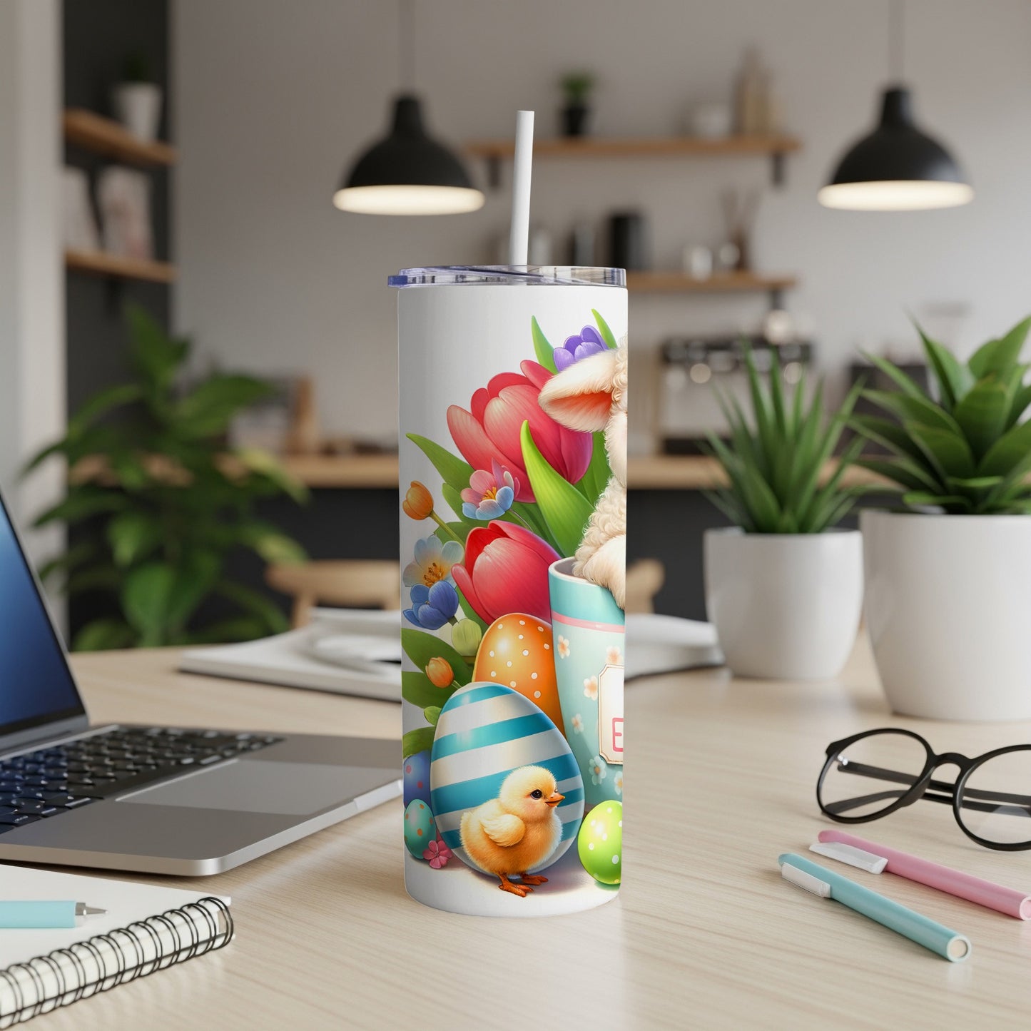 Easter tumbler with a sheep, chick, and painted eggs design.