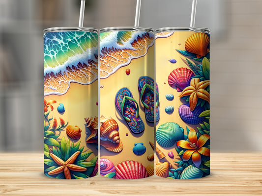 Three tumblers featuring beach scene with shells, starfish, and flip-flops.