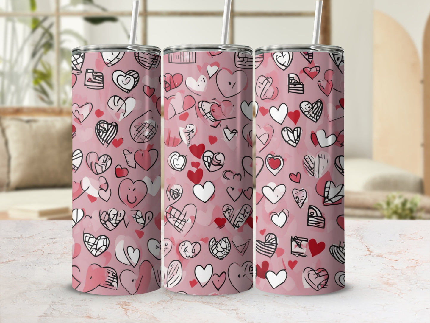 Pink Tumbler with Stylish Hearts Design for Drinkware