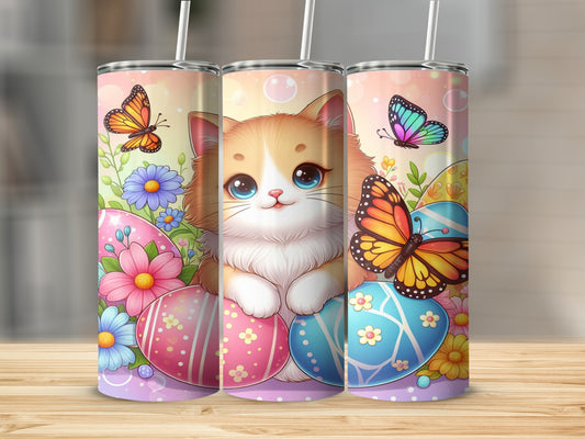 Cute cat with butterflies and Easter eggs.