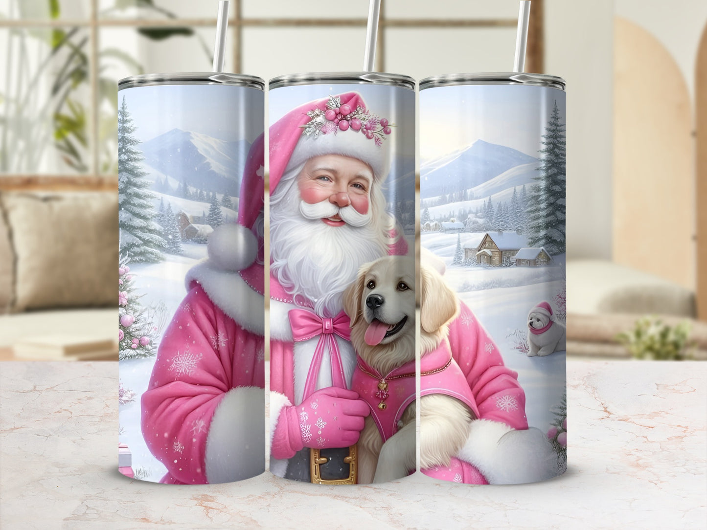 Santa Claus in Pink with Puppy Winter Scene Tumbler