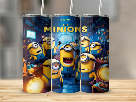 The Minions movie characters on a blue tumbler.