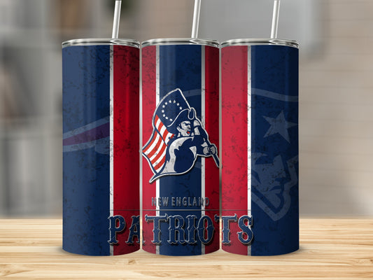 Three New England Patriots tumblers with team logo and patriotic stripes.