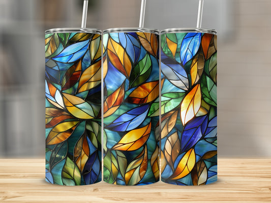 Three tall tumblers with stained glass leaf pattern.