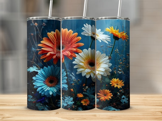 Three tumblers with a dark blue floral design featuring gerbera daisies.