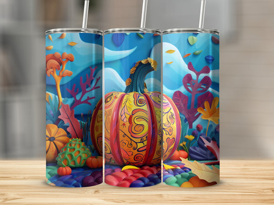 Three tumblers with a vibrant, carved pumpkin and autumn leaves design.