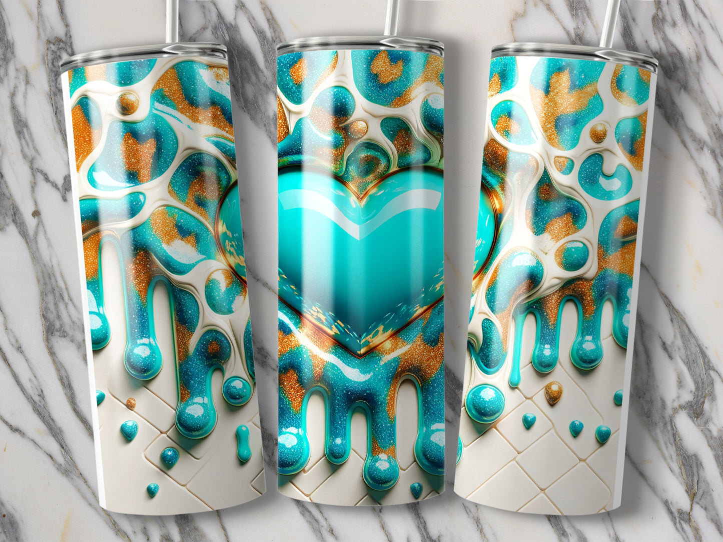 Aqua Heart and Gold Flowing Sweetness Design Tumblers