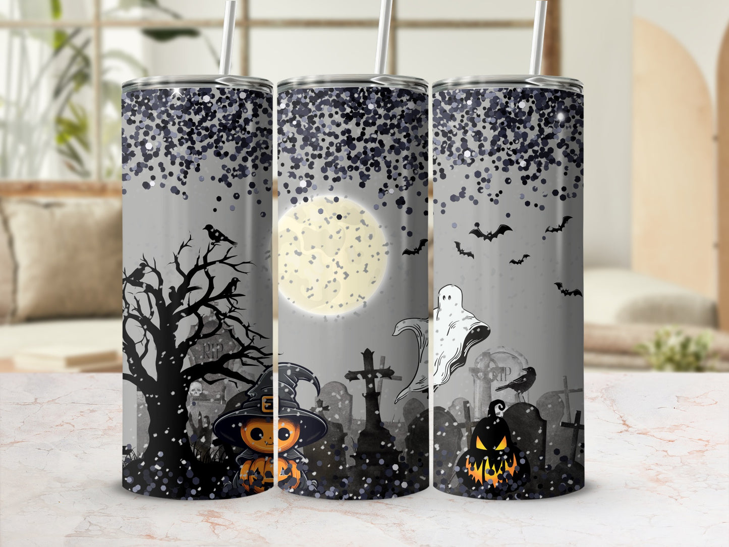 Spooky Halloween Tumbler with Ghosts and Moon Design