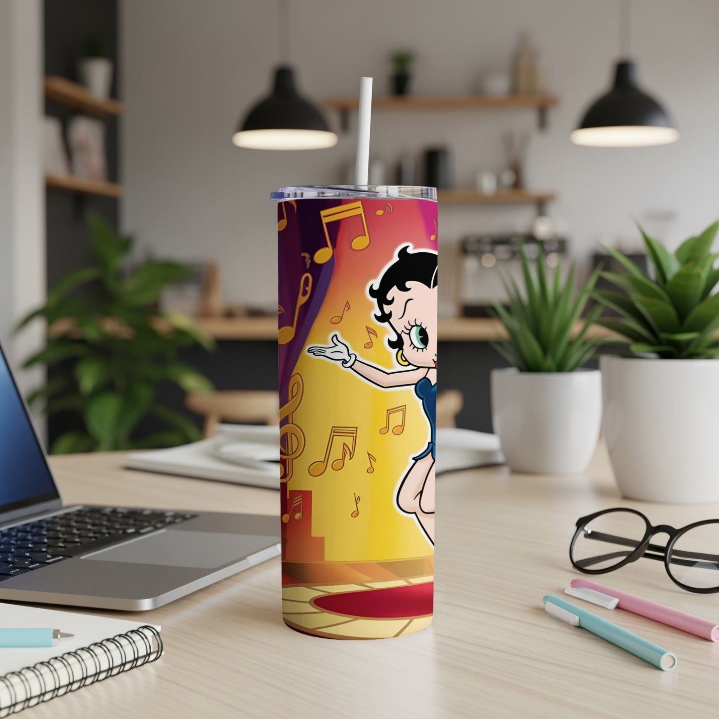 Betty Boop singing on stage with musical notes, on a skinny tumbler.