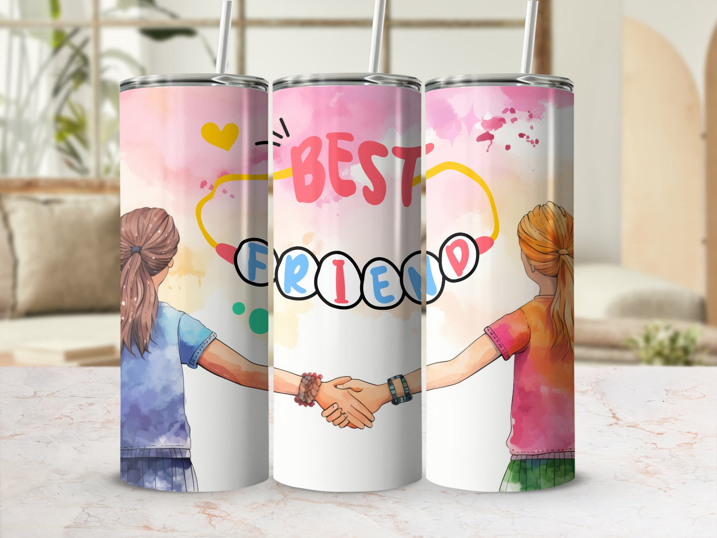 Best Friends Design Tumbler with Straw for Drinkware