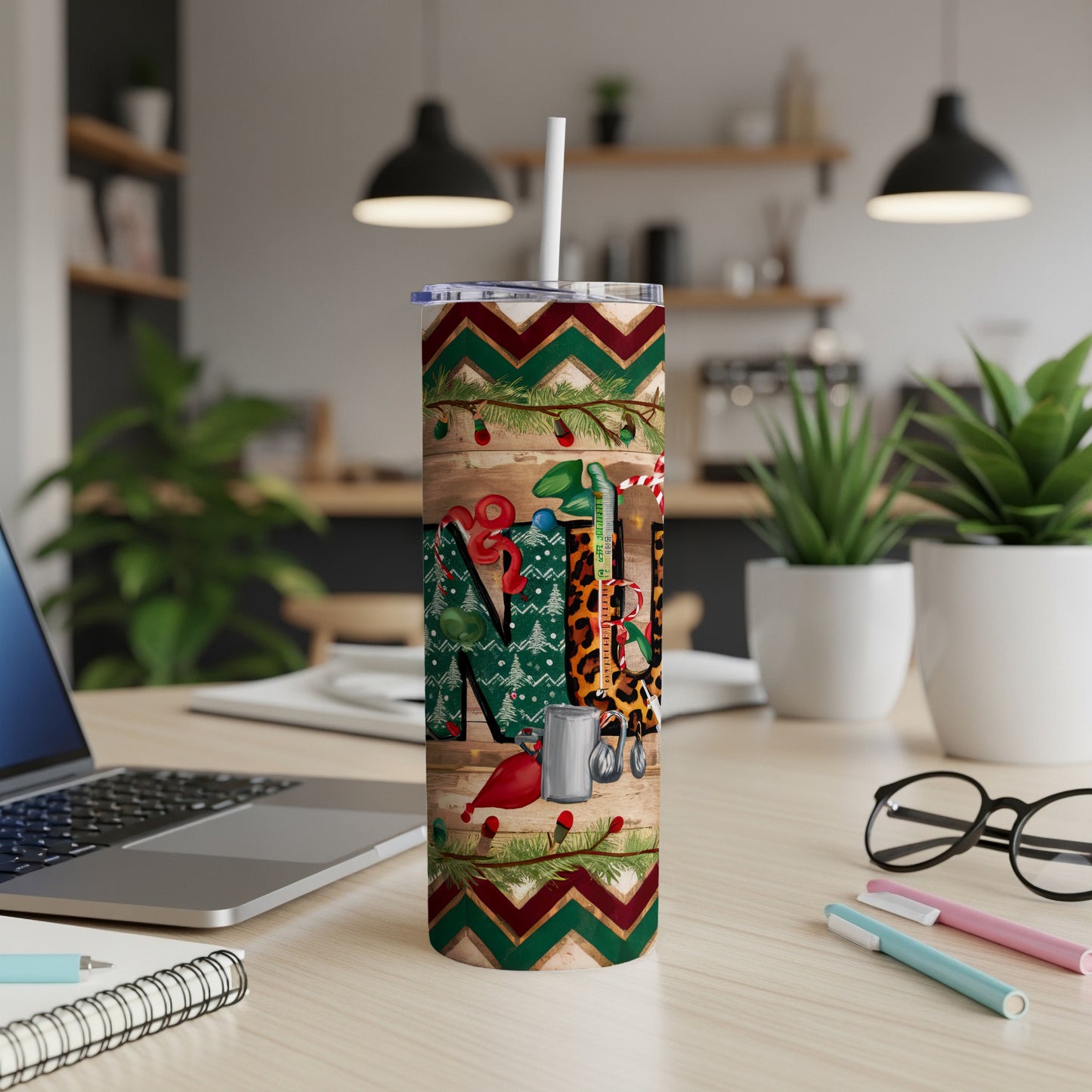 Festive Christmas tumbler with "Nurse" text and medical icons.