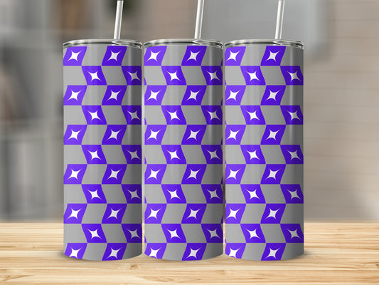 Three tall tumblers with a purple and grey geometric pattern.