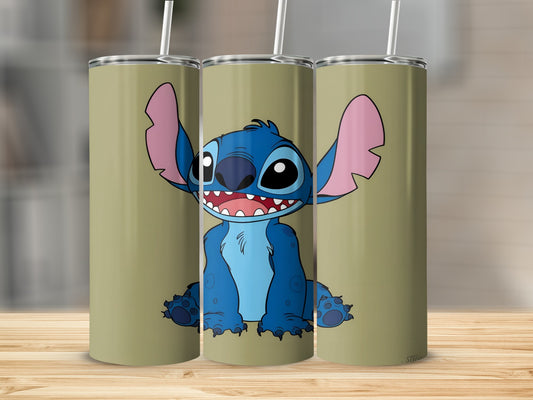Blue cartoon character Stitch smiling on a tan tumbler.