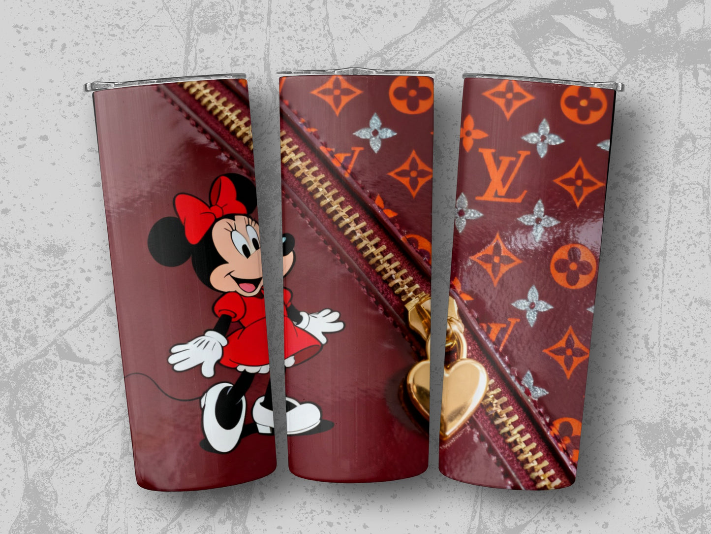 Minnie Mouse on burgundy tumbler with LV pattern and gold heart zipper pull.