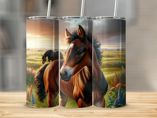 Brown horse in field with flowers, sunrise, three tumblers.