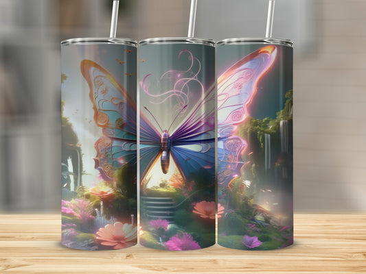 Butterfly design on a set of three tumblers with a vibrant, magical landscape.