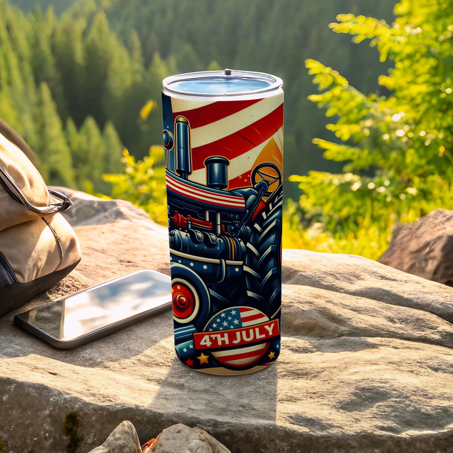Red, white, and blue tractor with "4th July" on a tumbler.