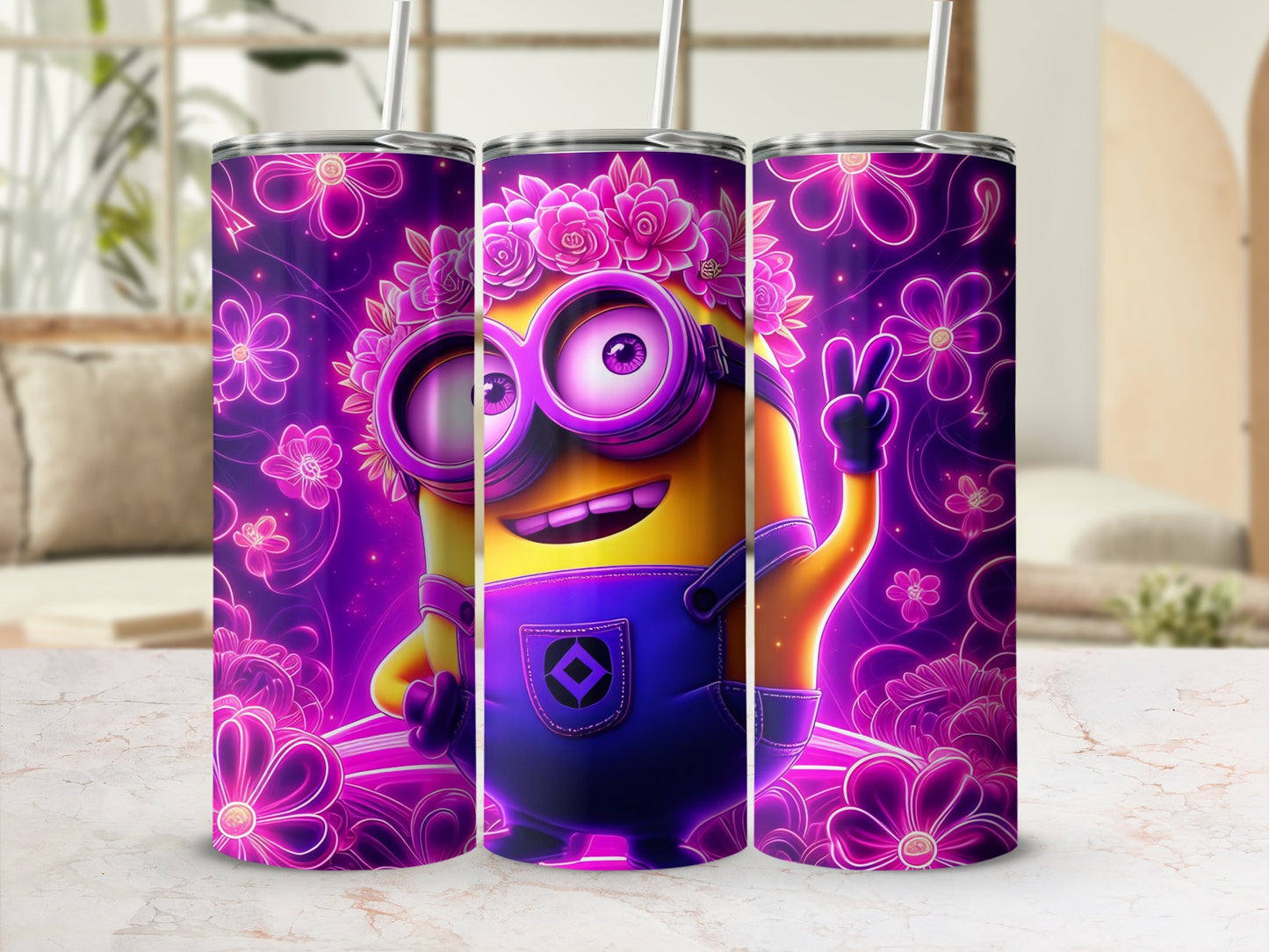Cute Cartoon Character with Flowers Tumbler Design