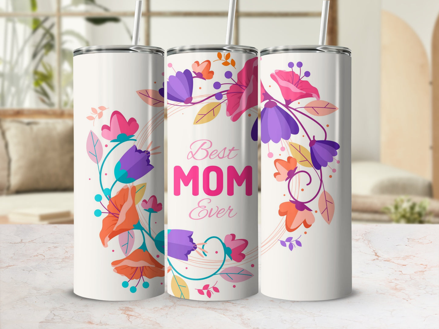 Best Mom Ever Colorful Floral Design Tumbler