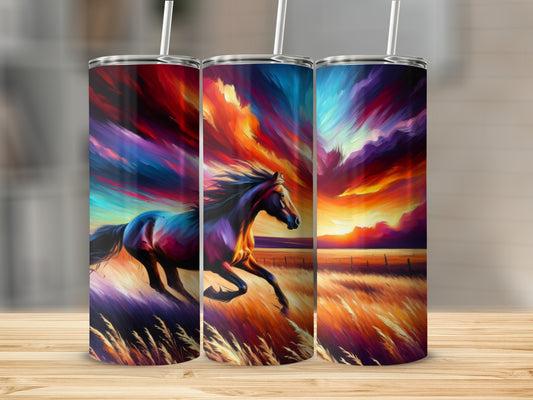 Three tumblers feature a running horse against a vibrant, abstract sunset background.