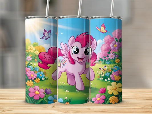 Pinkie Pie from My Little Pony running in a colorful meadow with butterflies.