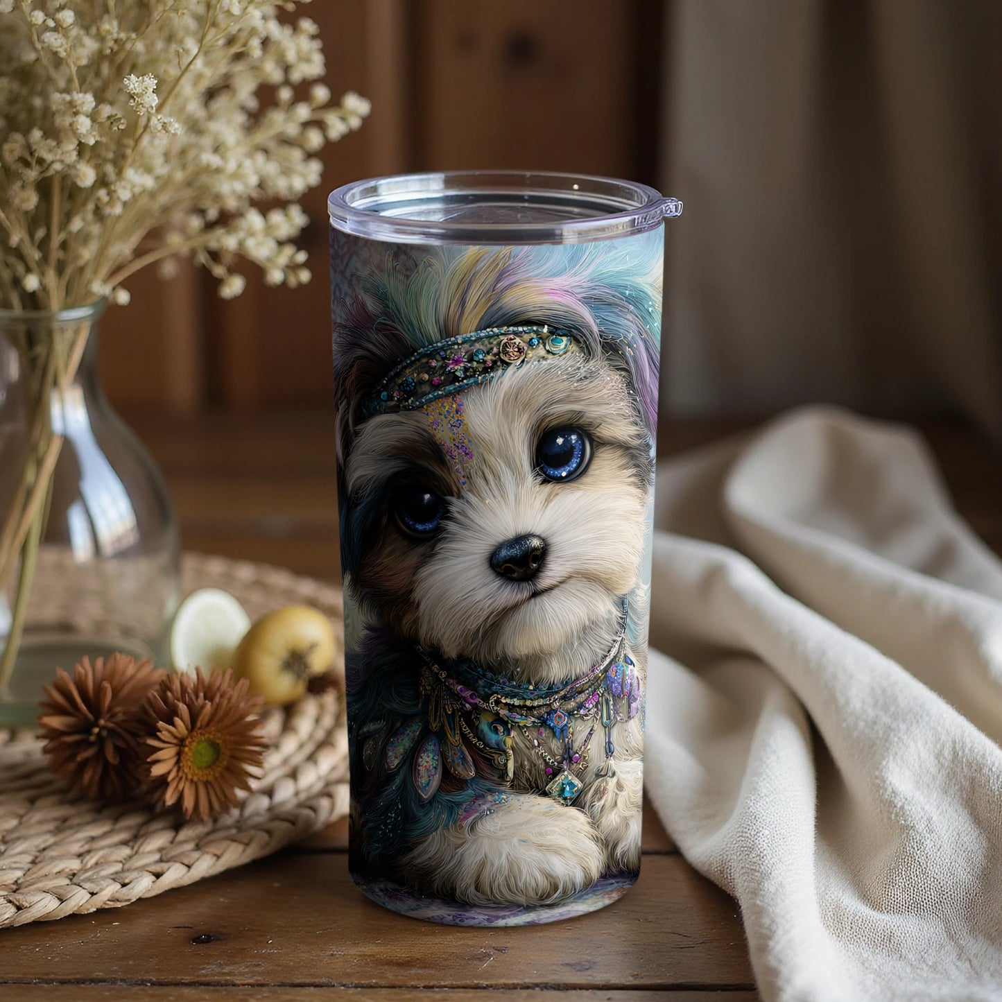 Adorable Puppy Design Insulated Tumbler Cup with Straw