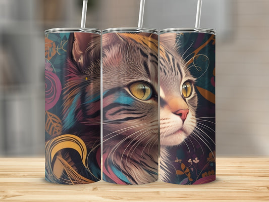Close-up of a cat's face with colorful abstract patterns on a tumbler.