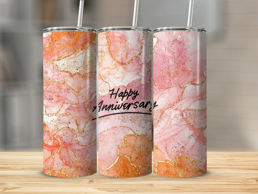 Pink and orange marble tumbler with gold accents and "Happy Anniversary" text.