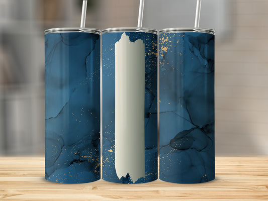 Tall navy tumbler with abstract gold and white marble pattern.