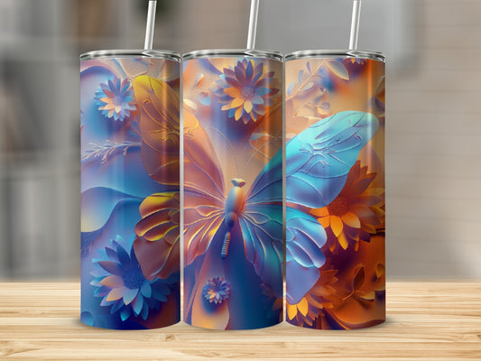 Three tumblers with a colorful butterfly and floral embossed design.