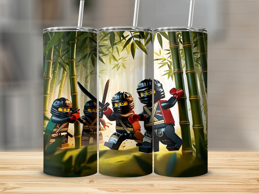 Three Ninjago characters in a bamboo forest, two holding swords.