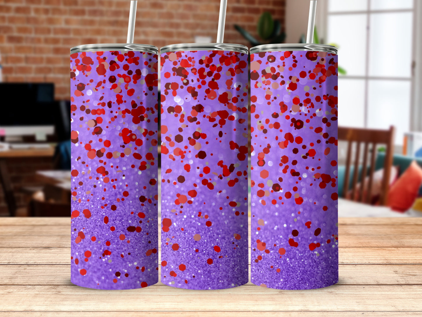 Purple and Red Glitter Confetti Tumbler Design