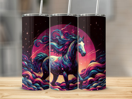 Cosmic horse with flowing mane against a starry, colorful nebula and moon.