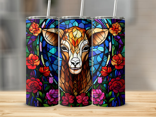 Stained glass deer and roses tumbler design.
