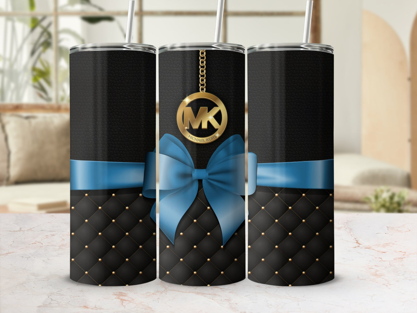 Elegant Black and Blue Bow Pattern Insulated Tumbler