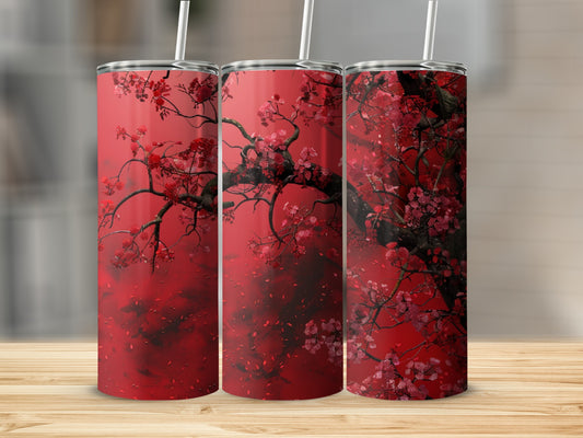 Three tumblers with a red cherry blossom tree and falling petals design.