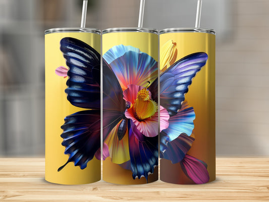 Three tumblers with vibrant butterfly and floral design on yellow background.