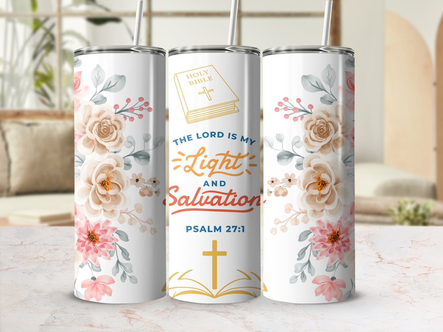 Psalm 27:1 Bible Verse Floral Design Tumbler