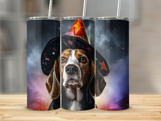 Beagle dog wearing a wizard hat with stars against a cosmic background on a tumbler.
