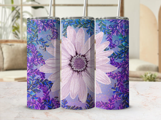 Purple Floral Patterned Tumbler with Straw