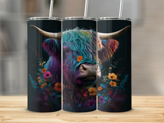 Colorful Highland cow with flowers on a dark background.