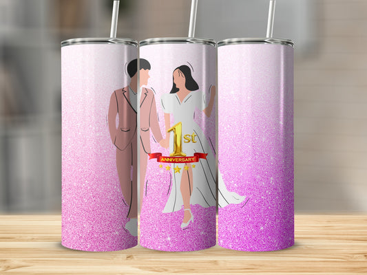 Couple in wedding attire with "1st Anniversary" banner, pink glitter design.