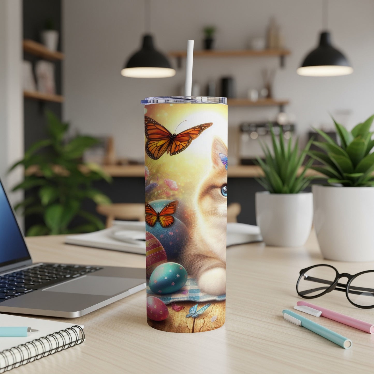 Husky with butterflies and Easter eggs on a tumbler.