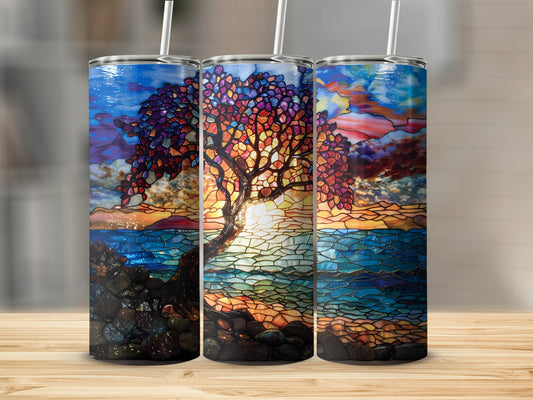 Three tumblers with stained glass tree and ocean sunset design.