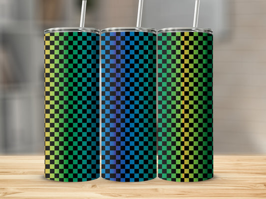 Three tumblers with a checkered gradient pattern of blue, green, and yellow.
